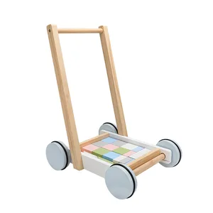 Multi-functional Baby Wooden Trolley Walker Building Blocks Stroller Educational Learning Toys for Kids Toddler Boys & Girls