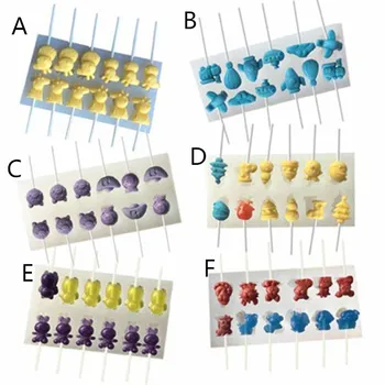 Wholesale price 12 cavity traffic christmas pig bear rabbit animal shapes silicone lollipop hard candy mold with sticks