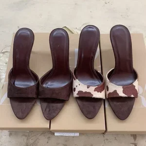 QuiteS 2026 New Summer Suede Pointed Toe Open Toe Backless Thin Heel High Heel Sandals Casual Sex Shoes for Women