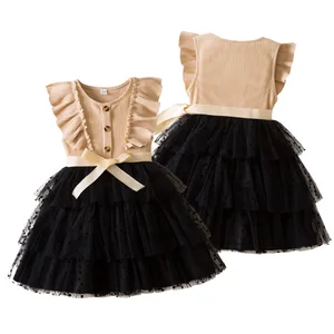 Girls' Vintage Cake Mesh Skirt Breathable Lining Button Decoration Casual Summer Birthday Dresses ODM Solid Eco-friendly A-line