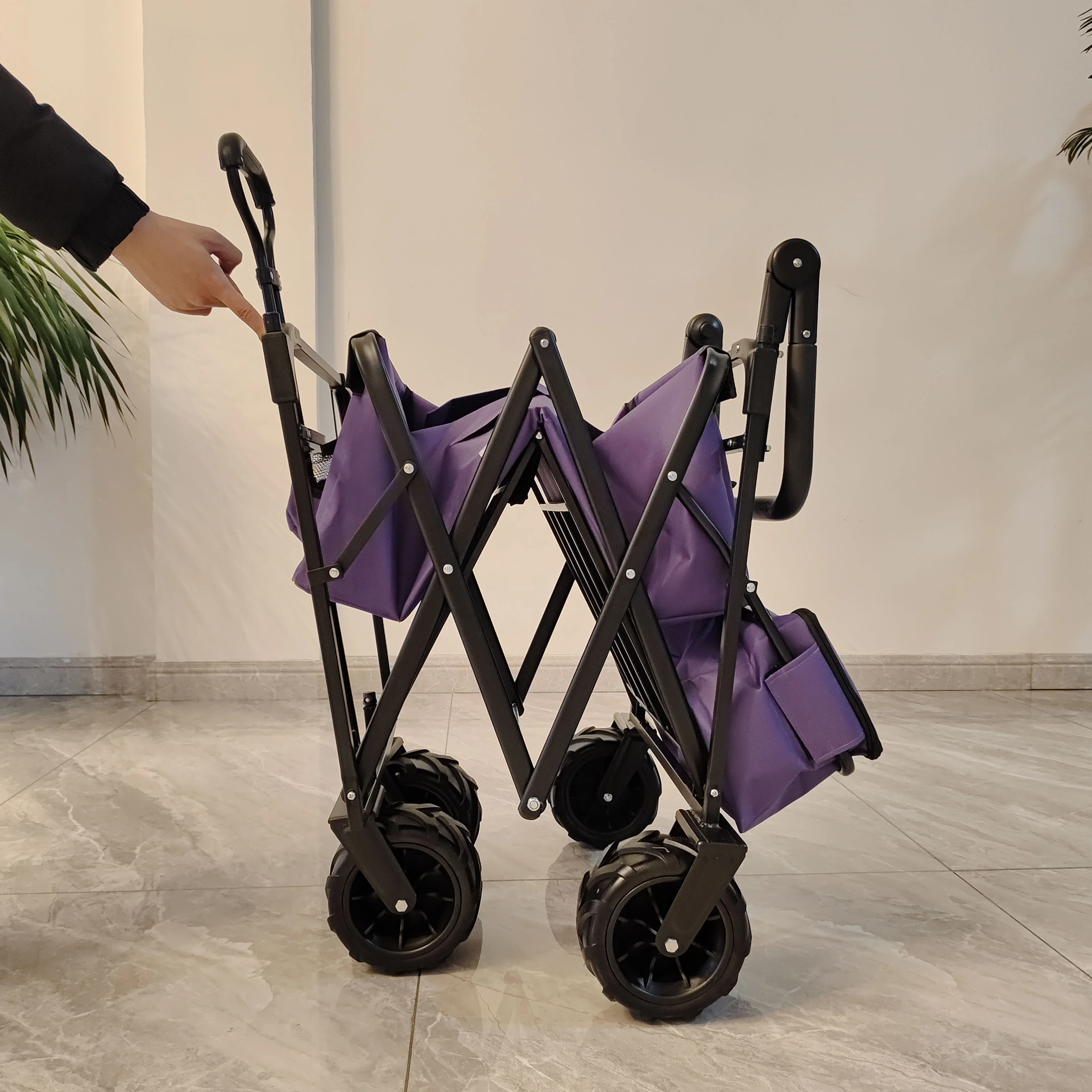 Outdoor Camping Folding Wagon Canopy On Top Adjustable Handle Wide Wheel Purple