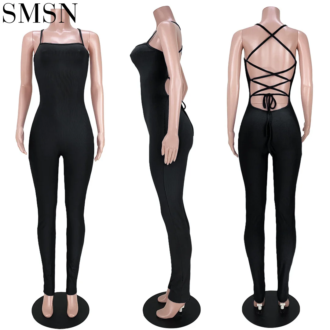 Sporty sexy thread strap halter strap fashion jumpsuit solid color backless women romper and jumpsuits