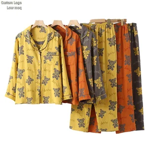 Custom Logo Pyjamas Women Yarn-Dyed Jacquard Satin Pure Cotton Double-Layer Retro Long Sleeve Pajamas V-Neck 2026 Home Clothing