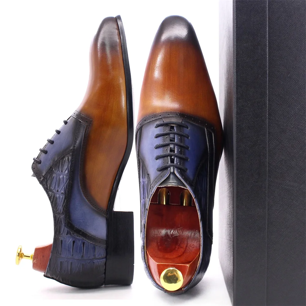 Men's Italian Leather Pointed Toe Brown Oxford Dress Shoes for