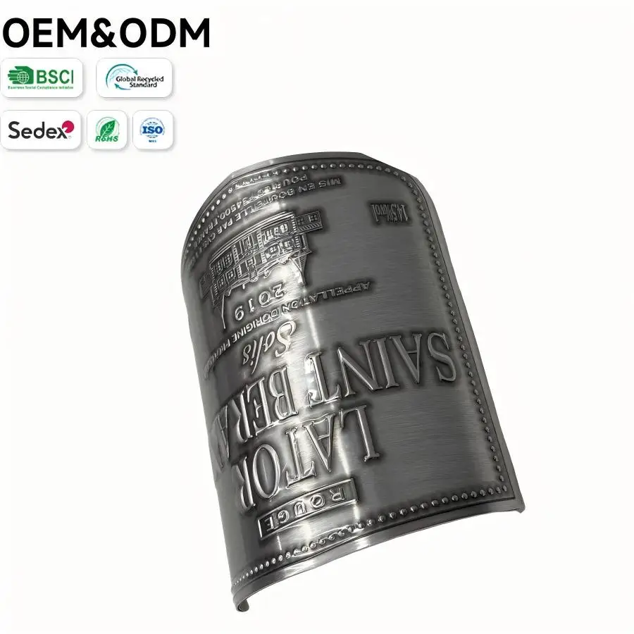 Custom Brushed Silver Embossed Wine Labels Vintage-Style Shield-Shaped Stickers