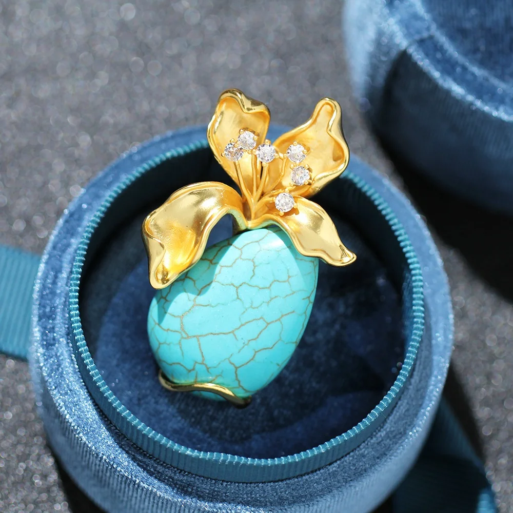2024 New Arrival Turquoise Flower Brooch 18K Gold Plated Gem Stone Brooches Fashion Accessories Brand Gift Hijab CZ Pins