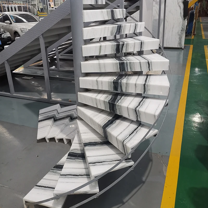 AST OEM/ODM Custom Natural Marble Floating Straight Staircase Modern Indoor Panda White Marble Tiles for Stair Treads Design