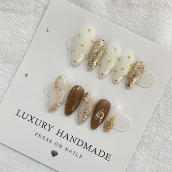 Wholesale 10pcs Golden Almond Hand Painted Gel Press Nails Beautiful Luxury Customized Design Artificial press on nails