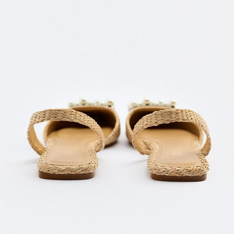 Xinzirain-Sandalias planas para decoración de verano, calzado con hebilla  cuadrada de perlas francesas puntiagudas