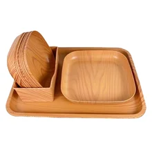 Luxury Small Square and round Plastic Wood Grain Tray Set Disposable Microwavable Storage Dishes Retail Pack for Home Use