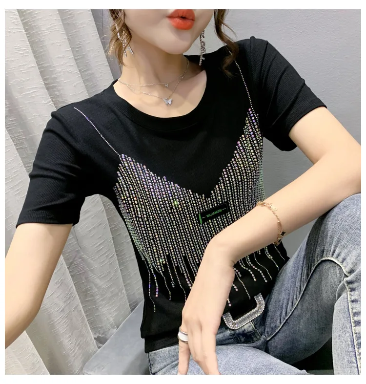 Fashion Rhinestone T Shirt Short Sleeve Women's 2021 Summer Crew Neck ...