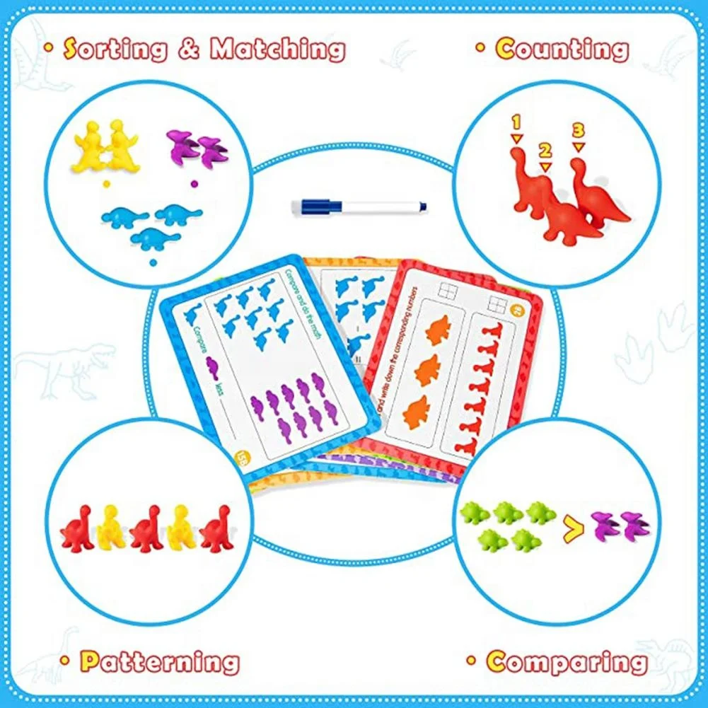Rainbow Color Counting Soft Rubber Cognitive Sorting Dinosaur Toy Montessori Color Classification Learn Toys with Question Cards