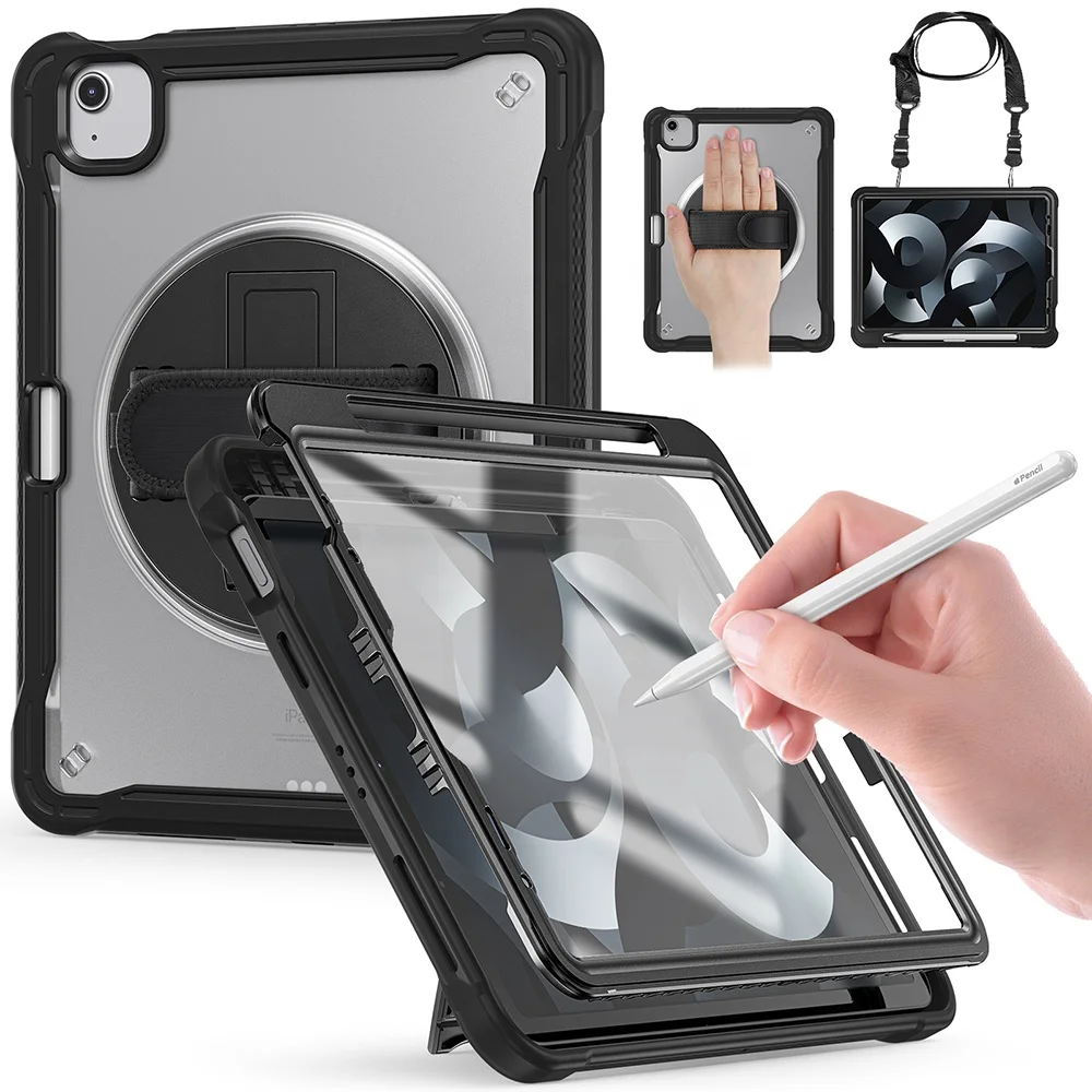 360 Rotate Hands Grip Rugged Case for iPad Pro 2022 2021 2020  6th/5th/4th Generation Pencil Cover Shoulder Strap Kickstand