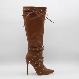 BUSY GIRL HQ1154 Custom Logo Boots Wholesale Patent Leather Sexy studded High-top Pointed-toe Stiletto Boots with Side Zipper