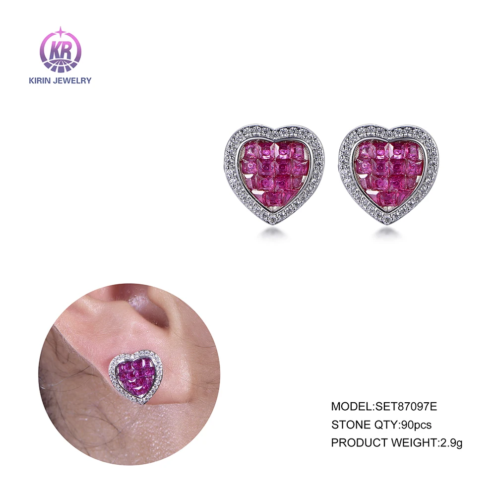 High Quality Invisible Inlaid diamond Ruby Heart Shaped Earrings Unique Simple Silver Stud Earrings