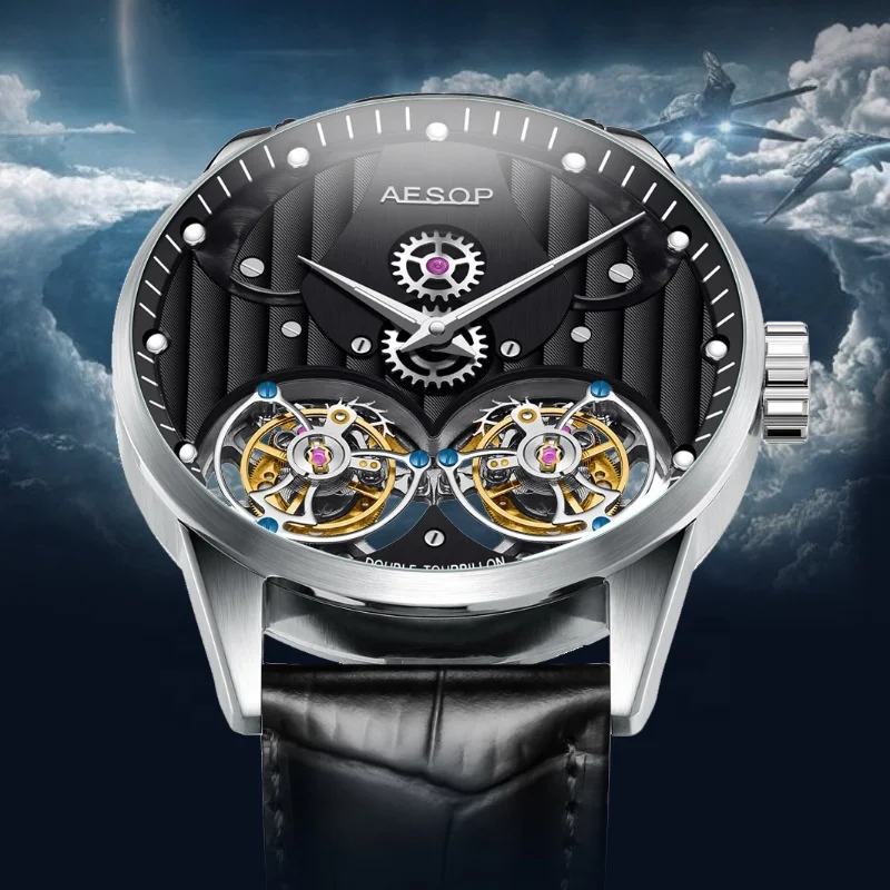 Orologio Aesop Double Tourbillon Movement Mechanical Watches Male Clock  Hollow Out Skeleton Watch for Men