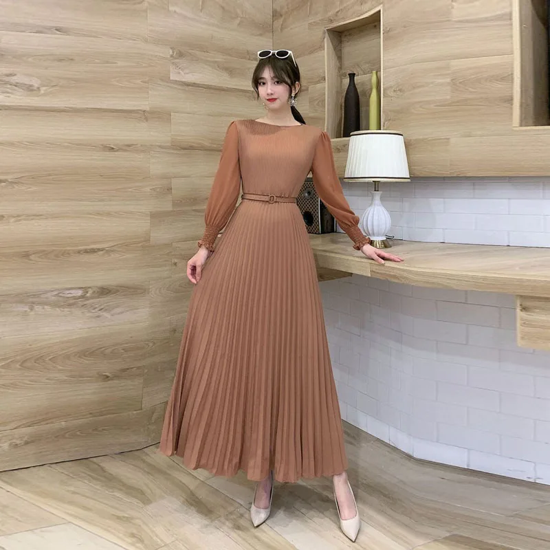 QZ410 Coreano Moda Manga Longa Plissada Sashes Magro Cintura Chiffon  Vestido Longo Mulheres Elegantes Sólidos Vestidos Roupas