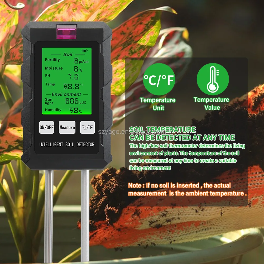 YIERYI High Quality 6 in 1 Soil Meter Fertility/PH/Moisture/Tmep/Sunlight/Humidity Multi-functional Soil Testing Tool