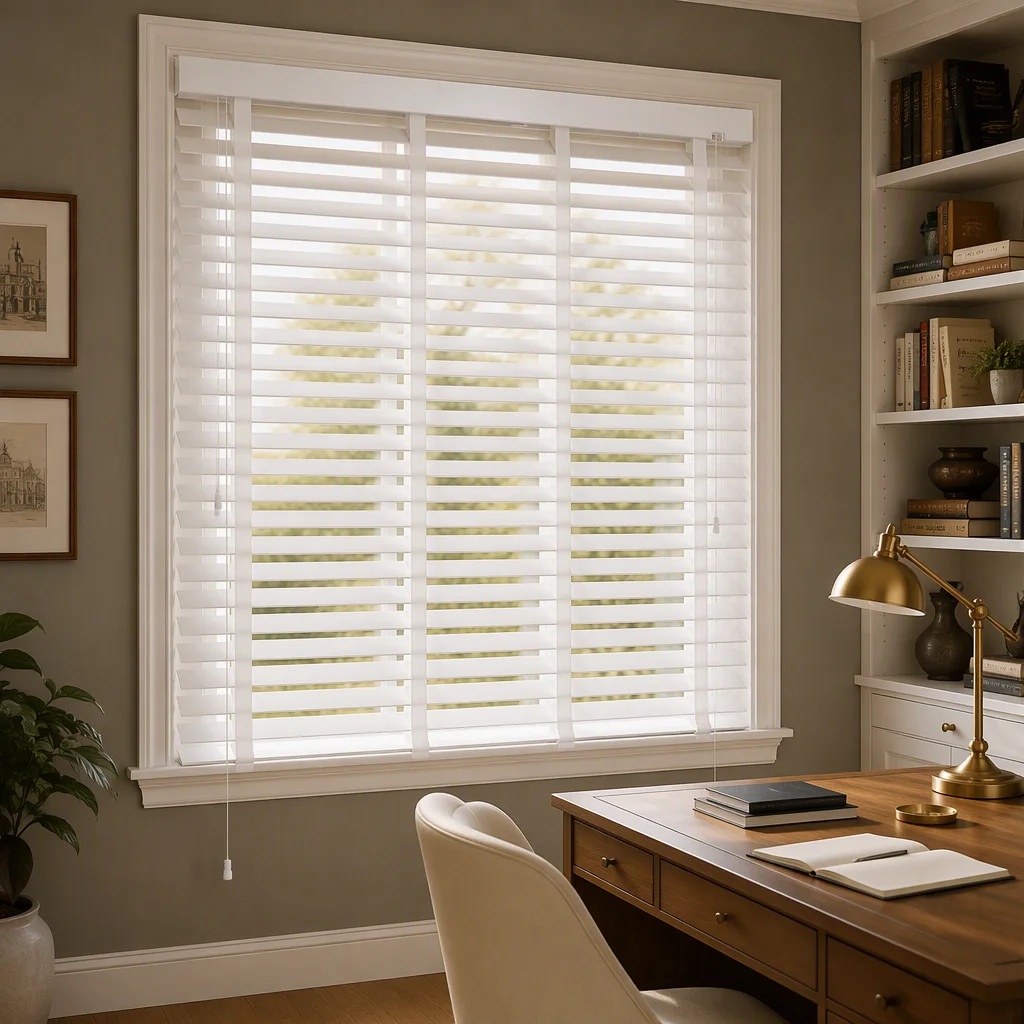 PVC Venetian Blinds 50mm Slats White Wide Ladder Tape Pull Cord Waterproof Custom Size Home Office Study Room Factory Direct