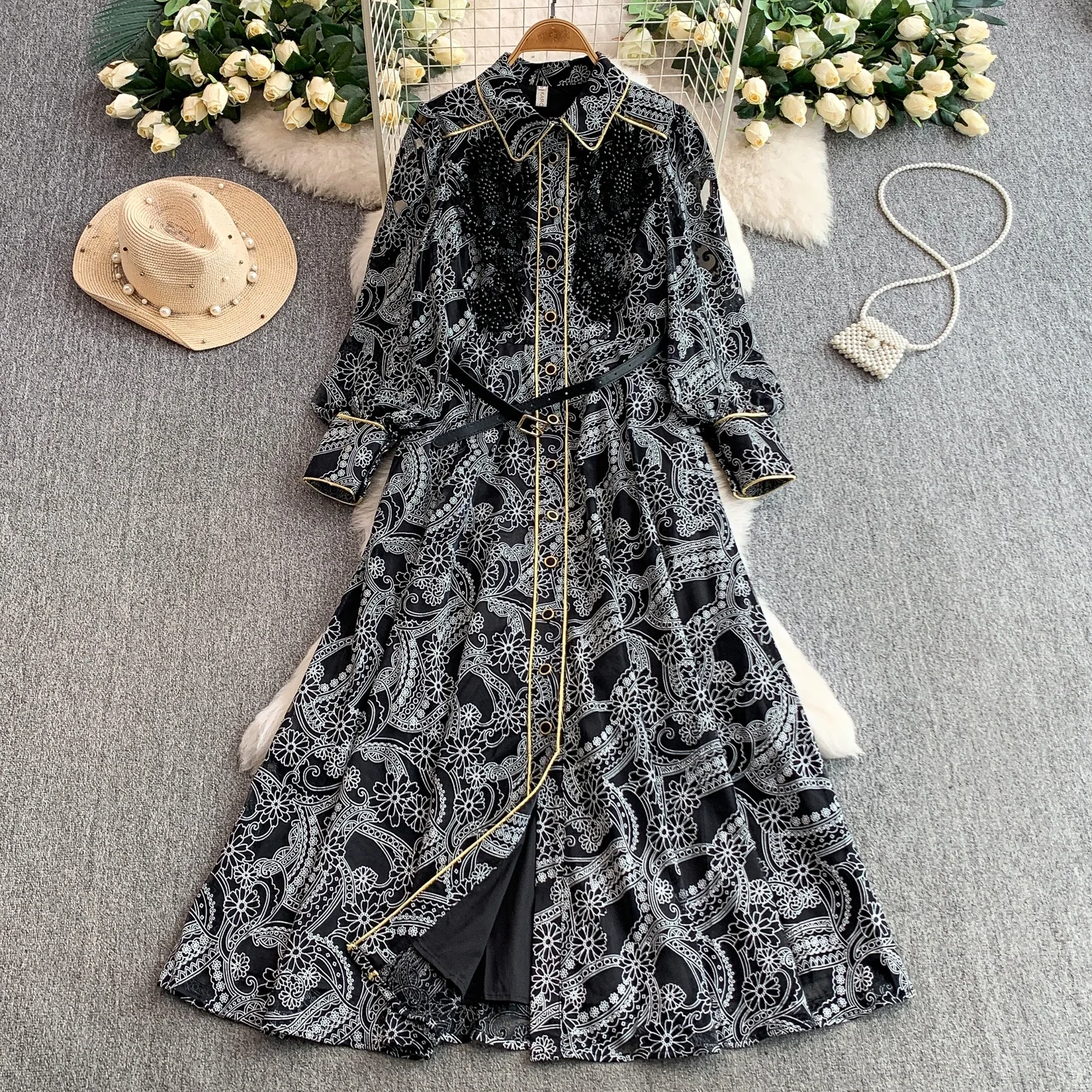 High Quality Nail Bead Lapel Lantern Sleeve Women's Autumn French Lace  Elegant Dress
