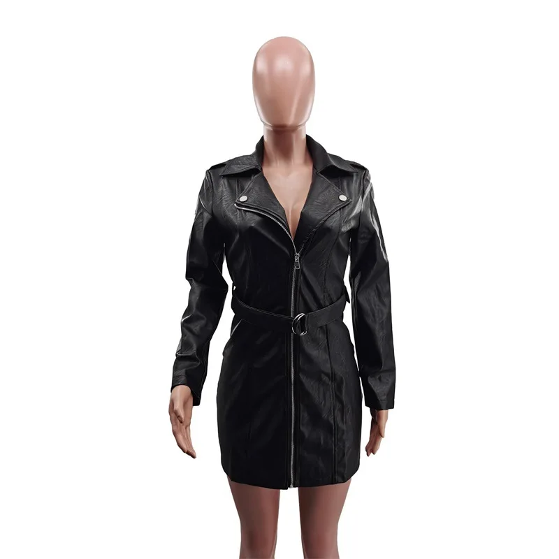 Women's Long Sleeve Zipper PU Leather Jacket