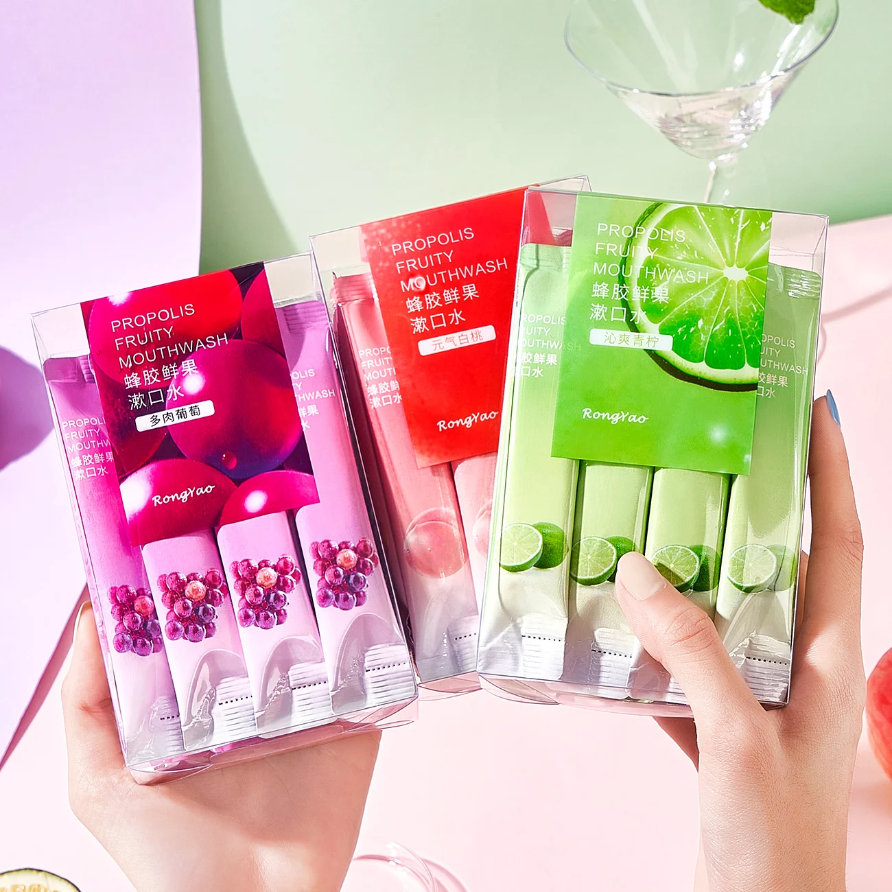 Оптовая продажа саше RTS RongYao карманное мойка для рта свежих фруктов мяты освежители дыхания портативная жидкость полоскания прополис