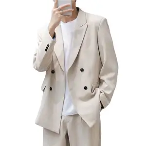 Drop Shipping Double Breasted Pleated Office Coat Pant Man's Western Suit Apricot TR New Design Breathable Plus Size Worsted