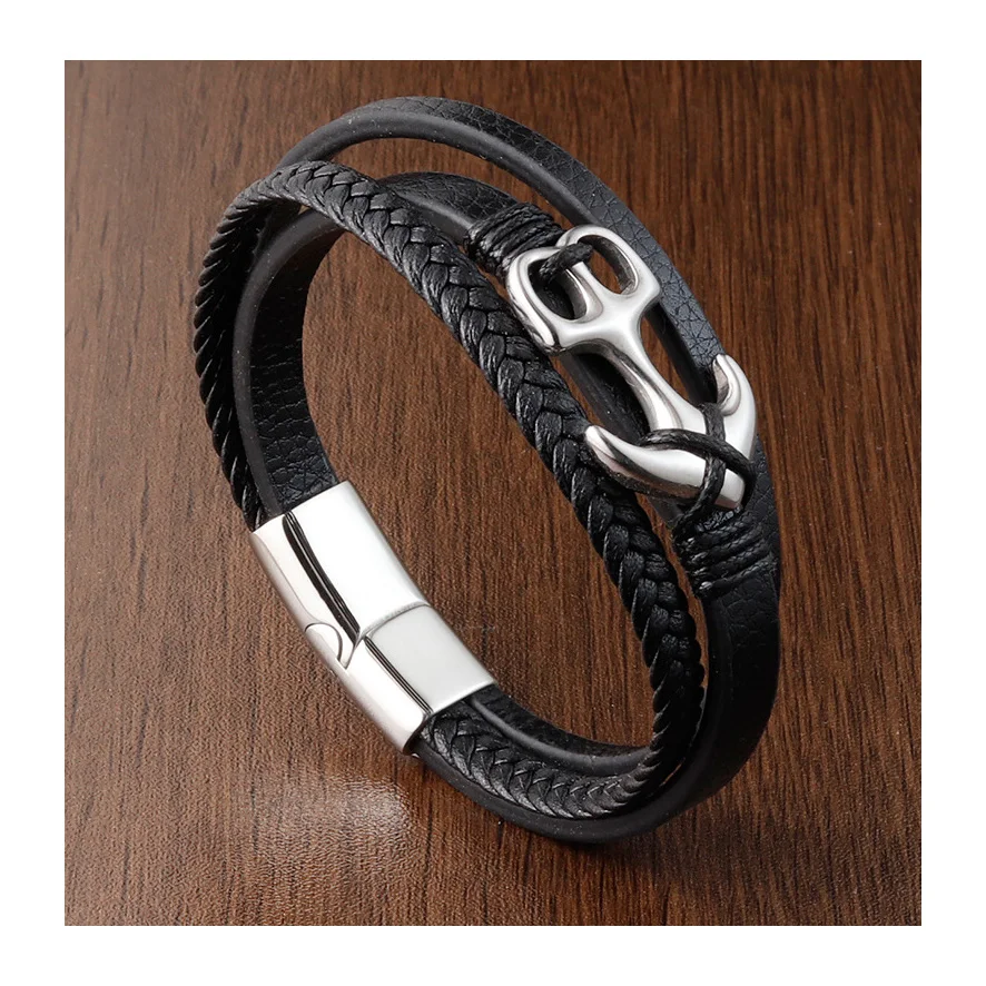 Bracelet Homme En Cuir Tressé Et Acier Inoxydable - Fermoir Magnétique, Noir Et Argenté, ZISONIX