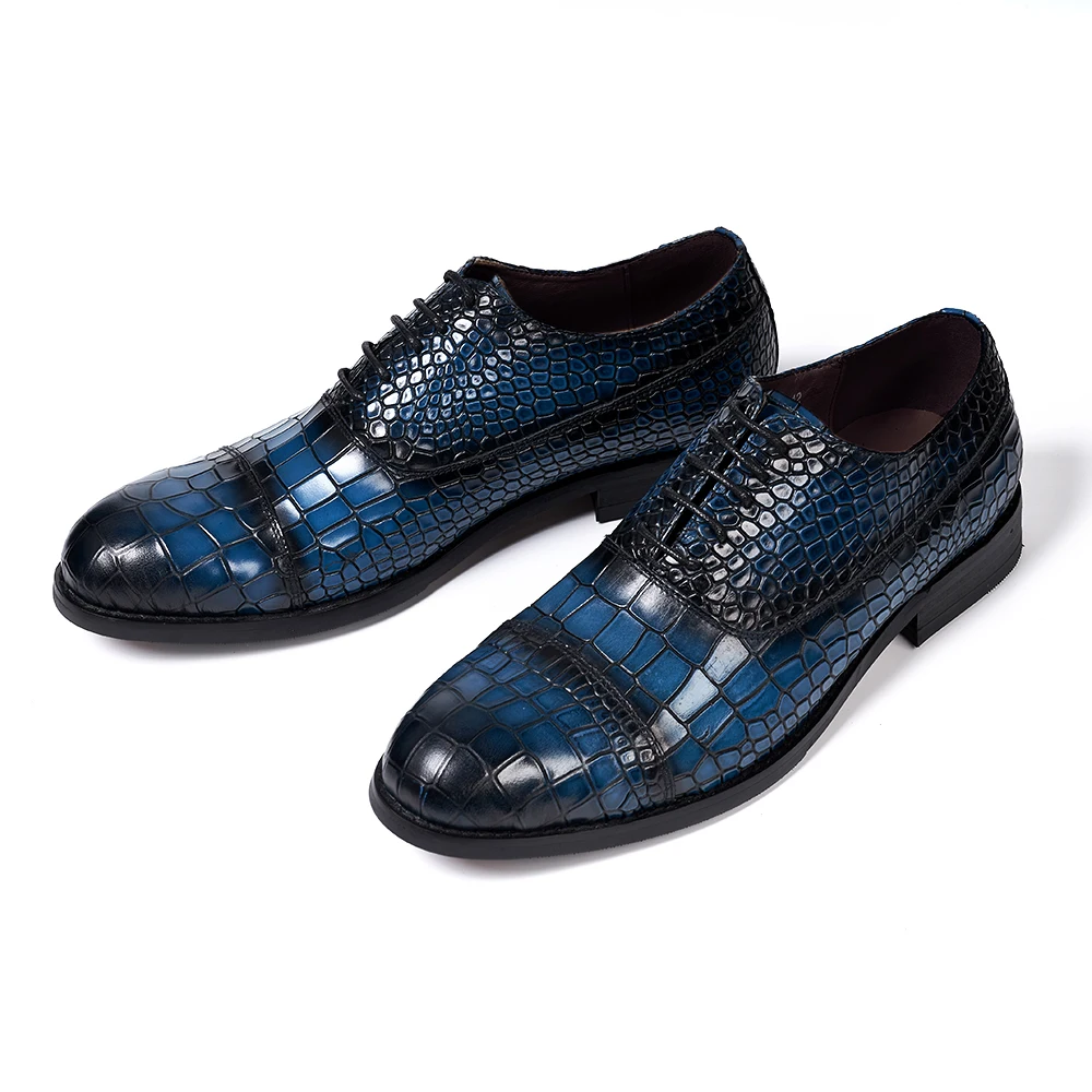 Premium Quality Customized Blue Patent Leather Dress Man Formal Shoes  Lace-Up Black Hard Sole Crocodile Print Derby Party Shoes