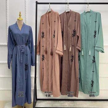 Wholesale Islamic Clothing 3 Pieces Set Qatar Abaya Designs Solid Color with Edge for Women Muslim Dress Dubai Open Abaya