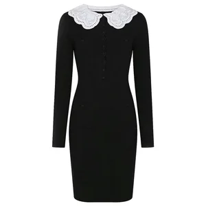 Bettergirl High-quality 2026 Spring New Slim Embroidery Lace Party Dress Long Sleeve Knitted Black Short Dress