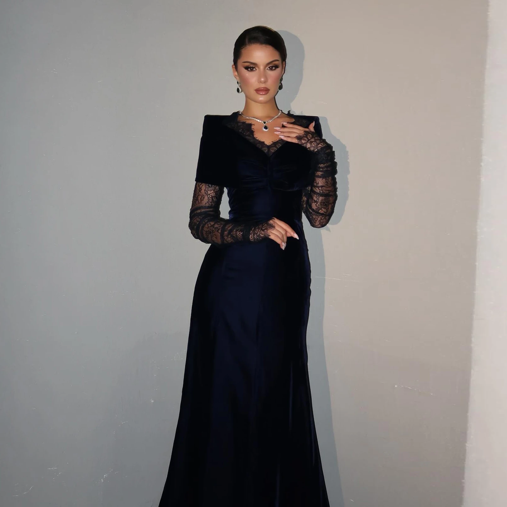 fitted lace wedding dress Navy Long Fitted Sequins Lace Mermaid Evening Dress with Plunging Neck EN5405 Size 10 / Navy