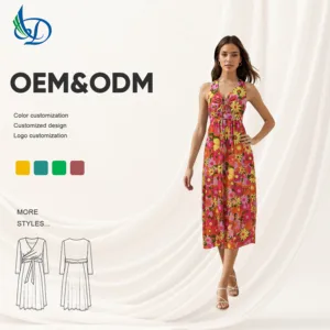 2026 New Summer Custom Ladies Strapless Sleeveless Casual V-neck Floral Woven Natural Waist Maxi Dress for Women