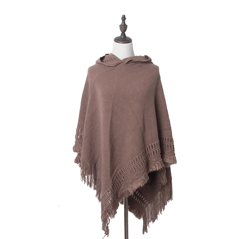 oversized fashion knit tassels cloak capes phocho sweater  scarf Knitted hooded cape shawl