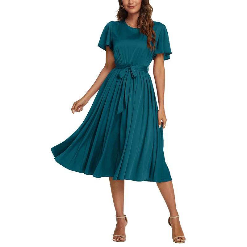 Spring Summer Fall Dress Ruffle Sleeves Pleated Dress Women's Short Sleeve Belted Elastic Waist Pleated Long Dresses