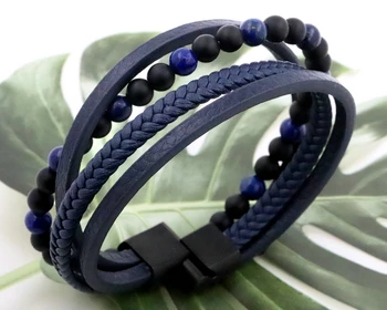 Punk Style Multilayer Mens Leather Bracelet Dark Blue Gemstone Beads Leather Weave Wrap Bracelet For Men