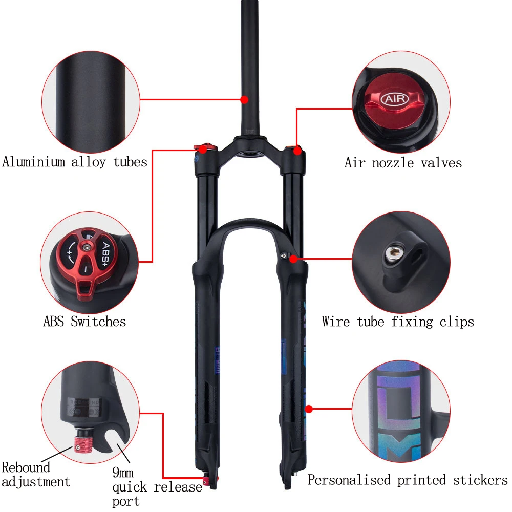 Fourche VTT à Ressort Air - Réglable 26/27,5/29 Pouces - Frein Disque Conique