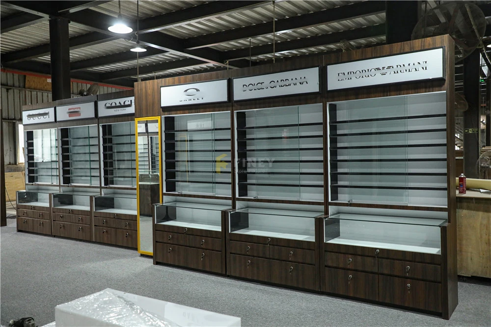 Modern Retail Optical Shop Interior Design Decoration Counter Optical Display Showcase Furniture Wooden Sunglasses Display