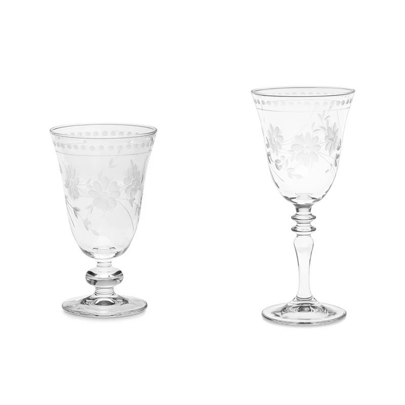 Vintage Etched Stemless Wine Glasses