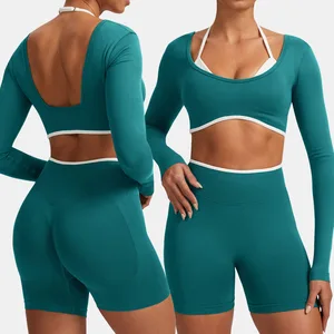 Custom Logo GYM Sport Wear Women Long Sleeve Sport Bra Tank Top Workout Fitness Yoga Leggings Pants Set Yoga for Women