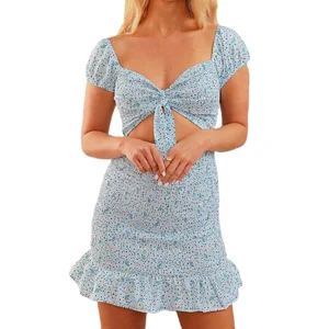 Best Selling Ruffle Trim Wrapped Front Clothing Women Bodycon Sexy Floral Mini Dresses