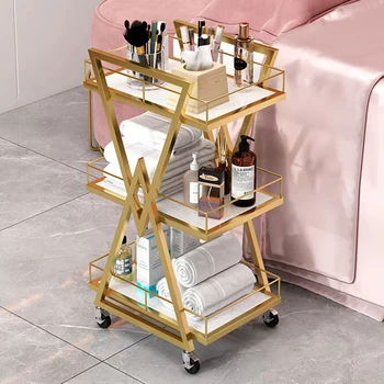 Modern Golden Hair Salon Stainless Steel Beauty Stool Cart Trolley for Sale