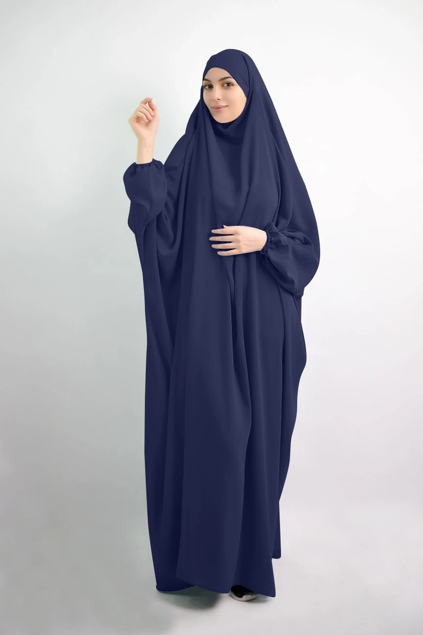 Abito da preghiera in jersey lilla, khimar attaccato, caftano Abaya - Italia