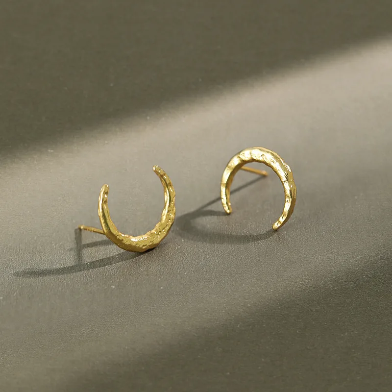 Korean Minimalist Silver Earrings - Subtle Aura with Gold Tin Foil Texture Moon S925 Pure Silver Studs for Women