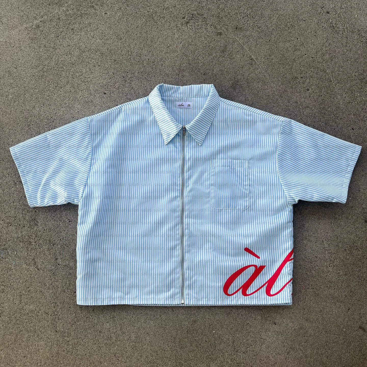 Shirts Manufacturer Streetwear Summer Short Sleeve Screen Printing Over Size Zip up Collar Stripe Boxy Cropped Shirts for Men