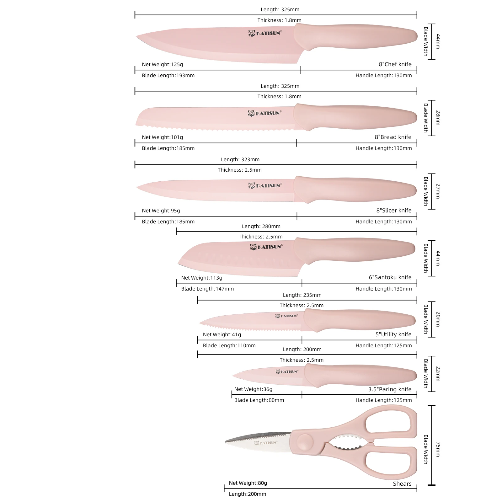 Set di 7 coltelli da cucina in acciaio al carbonio con codifica rosa, con forbici e foderi_voghion.com