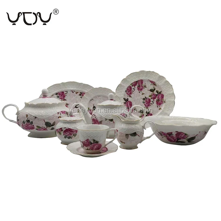 YDY Luxury Elegance Fine Porcelain Dinnerware Set 86 Pcs 47pcs Floral Bone  China Dinner Sets for Peoples