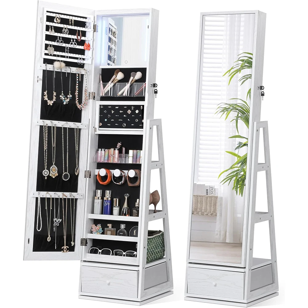 espejo de Tamaño Completo Giratorio 360° con Gabinete de Joyería de Pie, Estante de Maquillaje Plegable y 3 Estantes de Almacenamiento en la Parte Trasera