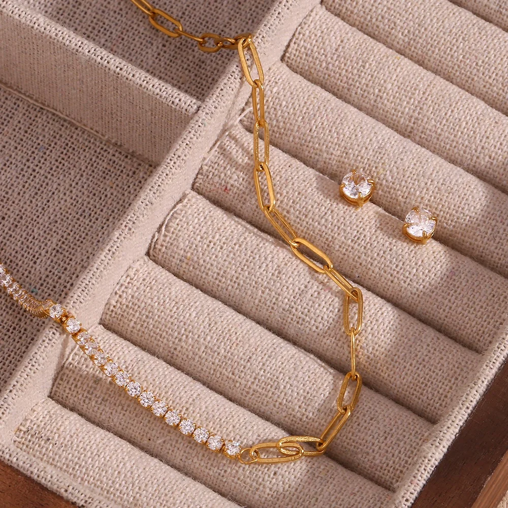 Dreamshow Shining Zircon Jewelry Paper Clip Chain Chain Necklace 18k Gold Plated Stainless Steel Jewelry Set