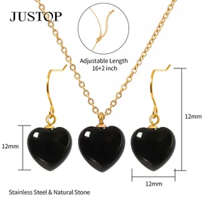 Fashion Natural Heart Stone Jewelry Sets 18k Gold Plated Black Women Necklace Earring Luxury Stainless Steel Jewelry Set